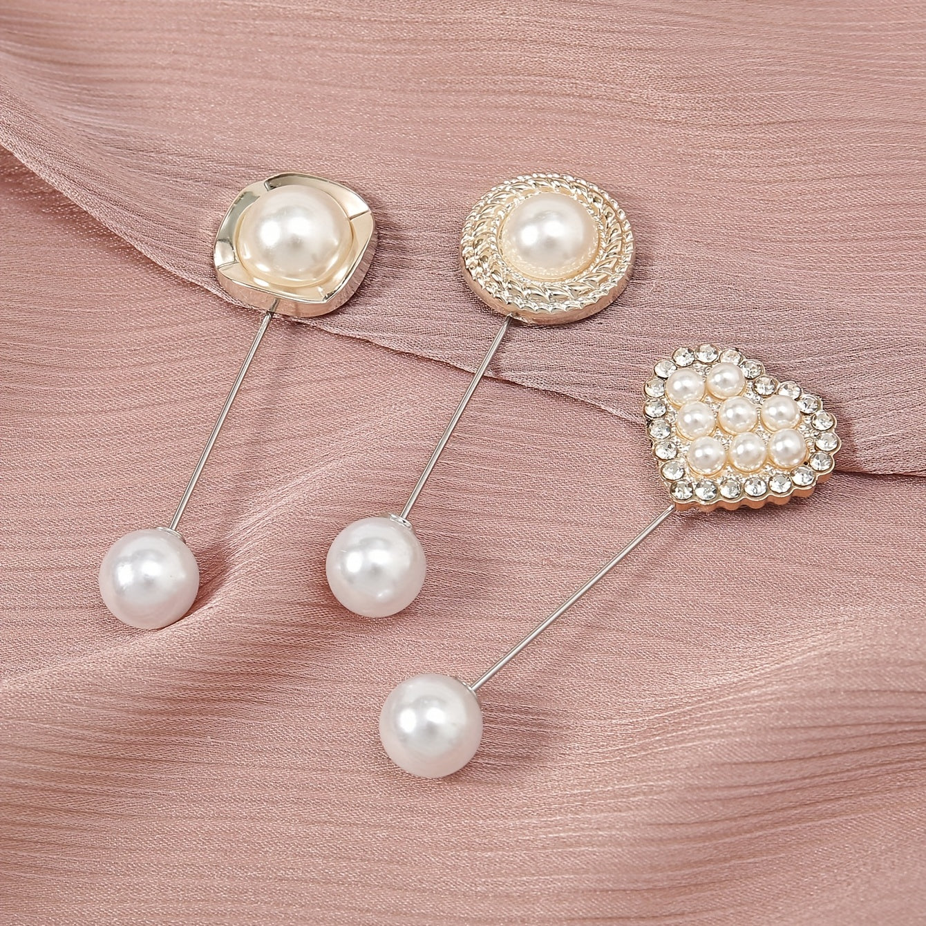 3pc Geometric Love Pin Brooches with Faux Pearl and Rhinestone for Women