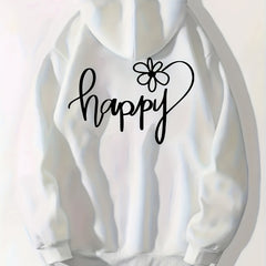 Happy Print Zip Up Hoodie Casual Sweatshirt for Women