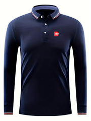 Men's Thumb Up Print Long Sleeve Polo Shirt Casual Slightly Stretch Breathable
