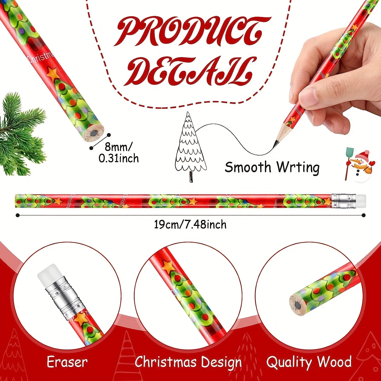 48pcs Christmas Pencils Xmas Wood Pencils With Eraser Snowman Santa Claus Candy