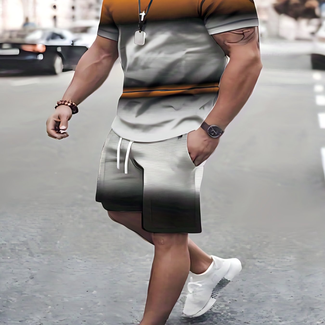 Men's Ombre 2Pcs Outfits Crew Neck T shirt & Drawstring Shorts Se