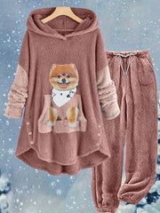 Dog Print Fleece Hoodie & Pants Set