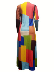 Colorblock Geometric Print Long Cardigan