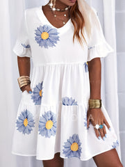 Floral Print Ruffle Trim V Neck Mini Dress