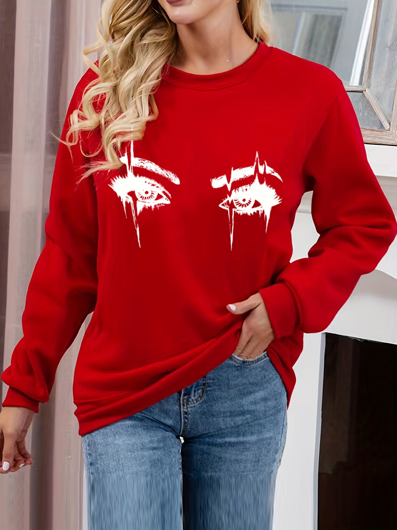 Eye Print Sweatshirt Crew Neck Casual Long Sleeve for Fall & Winter