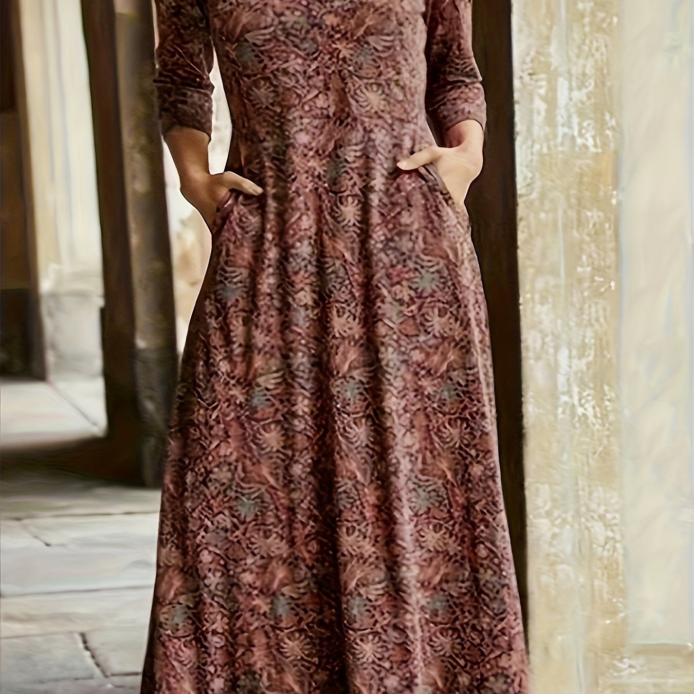 Allover Print Long Sleeve V Neck Maxi Dress