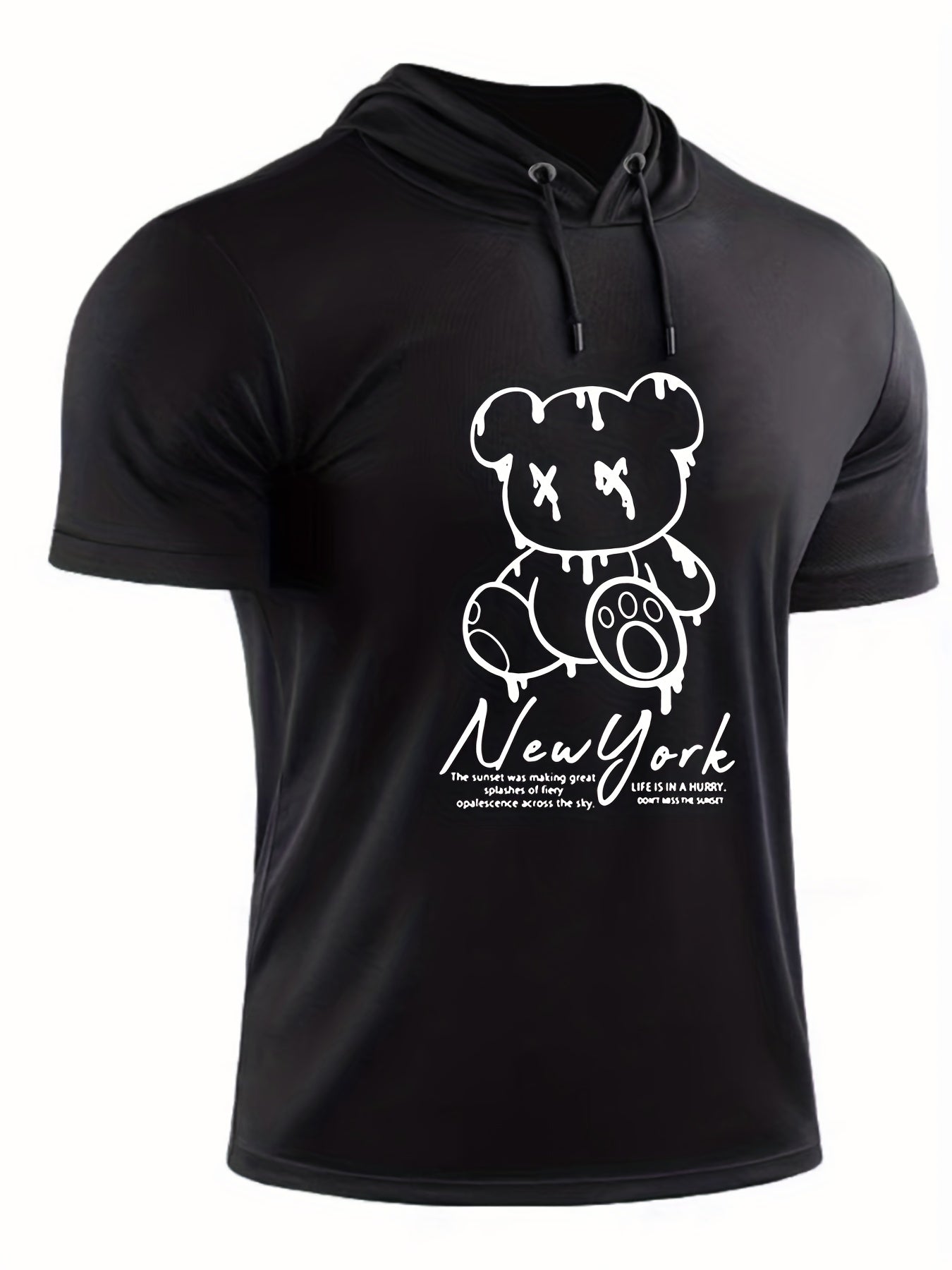 Men's Bear Graphic Hooded T shirt BEAR PRINT Casual Slightly Stretch Tee