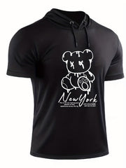Men's Bear Graphic Hooded T shirt BEAR PRINT Casual Slightly Stretch Tee