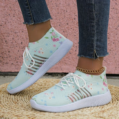 Women's Floral Print Knit Sports Shoes Lace Up Running Trainers