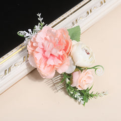 Floral Pink Hair Comb Green Leaves Wedding Bridal Hairstyle Photography Prop