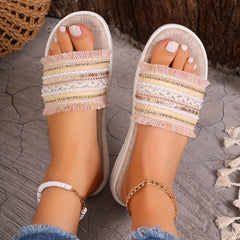Women's Open Toe Woven Flat Slippers Boho Style Lightweight Beach Slides