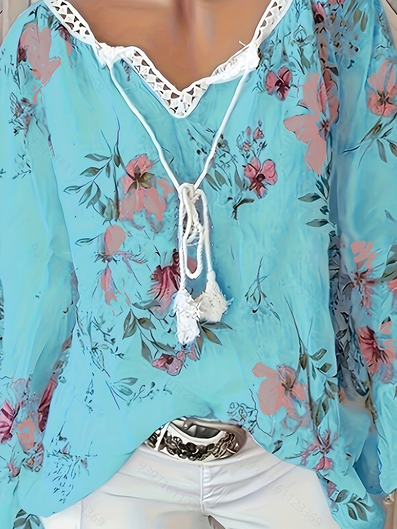 Floral Lace Sleeve Tie Neck Tunic Top