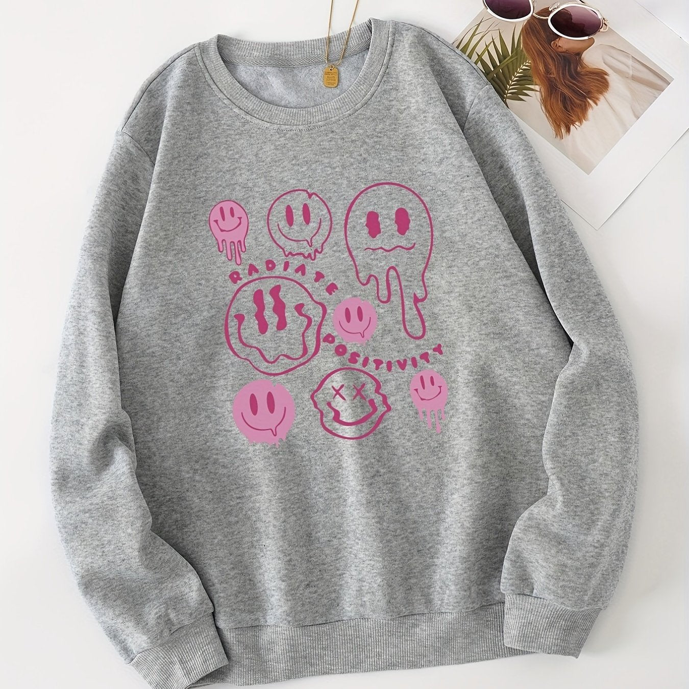 Smiling Face Print Loose Long Sleeve Sweatshirt for Women