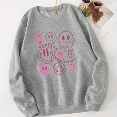 Smiling Face Print Loose Long Sleeve Sweatshirt for Women