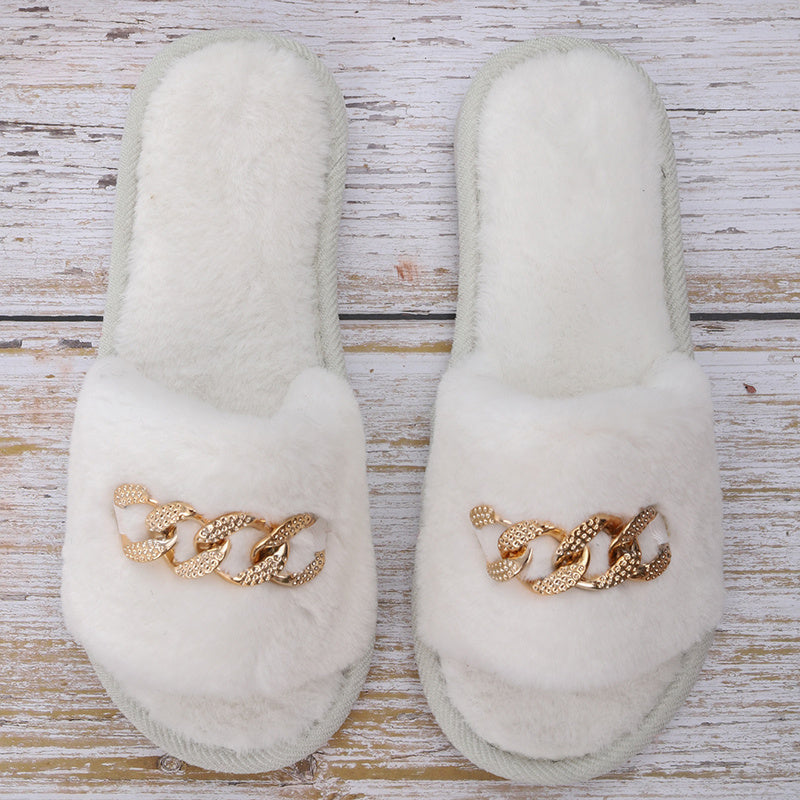 Fuzzy Bedroom Slippers Crystal Flat Sandals Women's Footwear