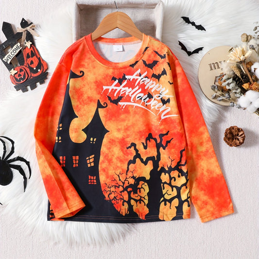 3D Printed Halloween Castle Long-sleeved T-shirt for Kids