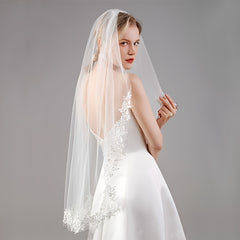 Mid Length Lace Bridal Veil with Comb for Wedding Ceremony