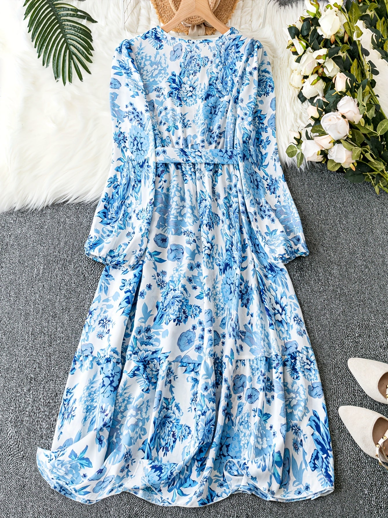 Floral Print Lantern Sleeve Smock Maxi Dress With Belt