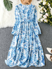 Floral Print Lantern Sleeve Smock Maxi Dress With Belt