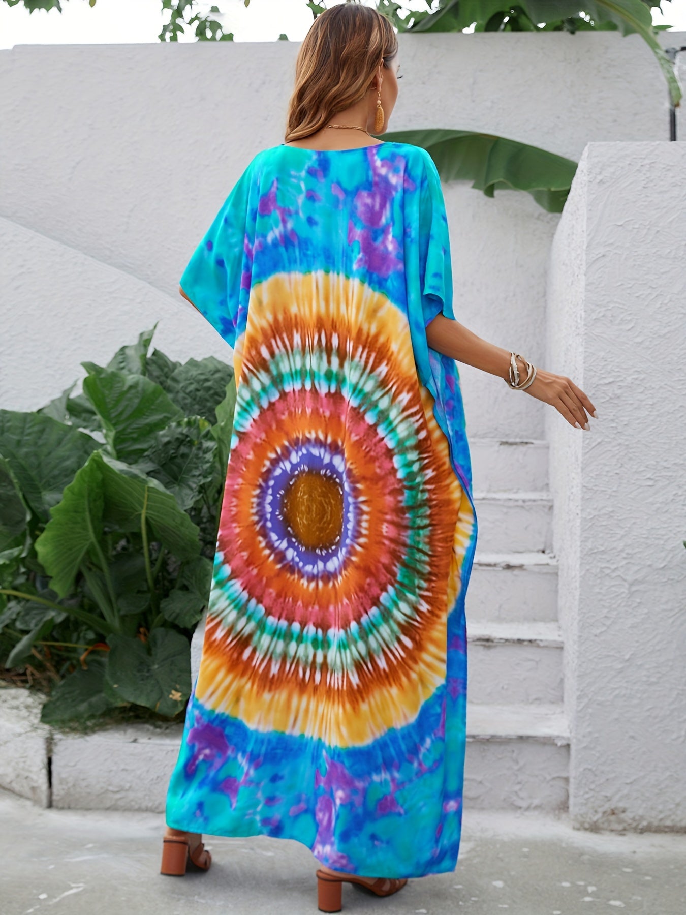 Boho Cover Up Dress Bat Sleeve V Neck Tie Dye Slight Stretch