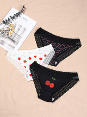 3 Pack Plus Size Random Print Contrast Lace Briefs Women's Plus High Stretch