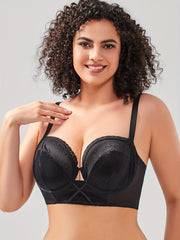 Floral Jacquard Full Coverage Criss Cross Underwire Longline Mesh Bra