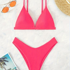 Solid Triangle Spaghetti Straps 2 Piece Set Bikini Swimsuit