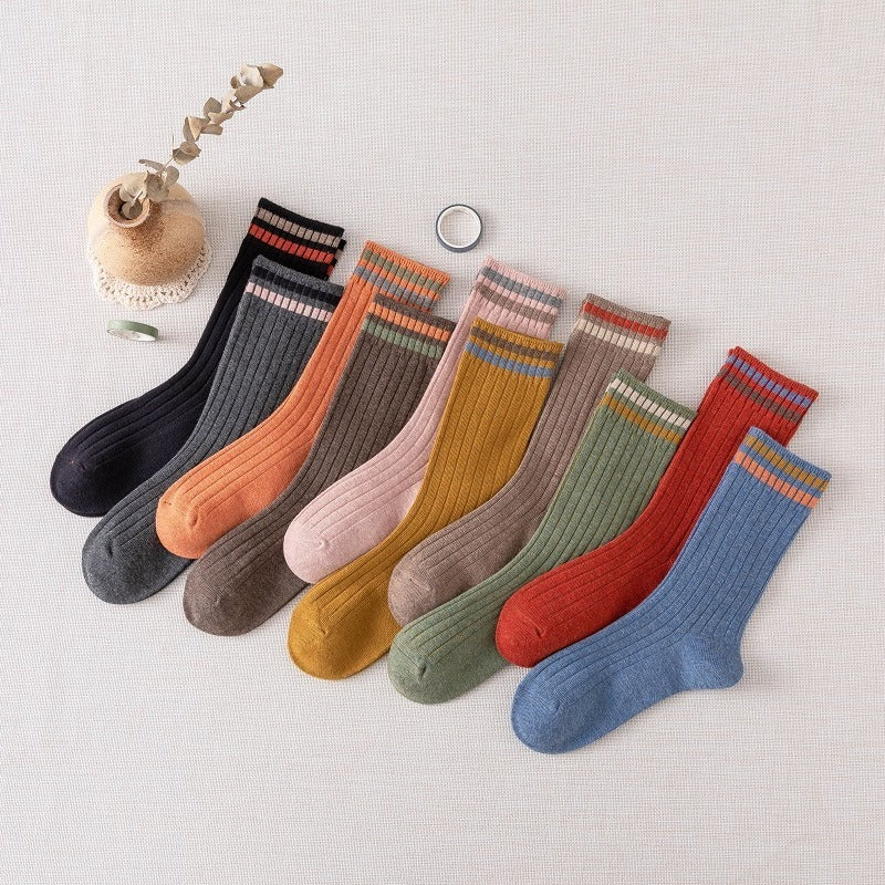 5Pairs Womens Crew Socks Striped 10 Colors Casual Medium Size