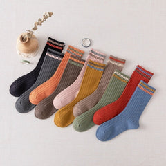 5Pairs Womens Crew Socks Striped 10 Colors Casual Medium Size