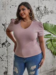Solid Ribbed Puff Sleeve V Neck Knit Top