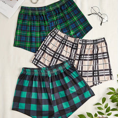 Casual Pajama Shorts Set Women's Plus Plaid Print 3pcs Set