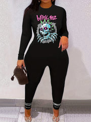 Skull Print 2pc Set Long Sleeve T-shirt & Leggings Outfits Women's