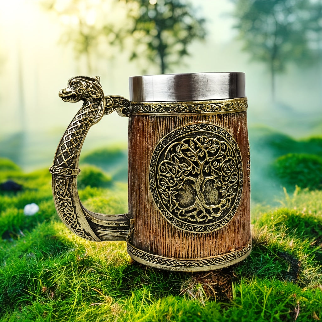 Yggdrasil Tree of Life Steel Coffee Mug Insulated with Serpent Handle