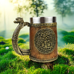 Yggdrasil Tree of Life Steel Coffee Mug Insulated with Serpent Handle