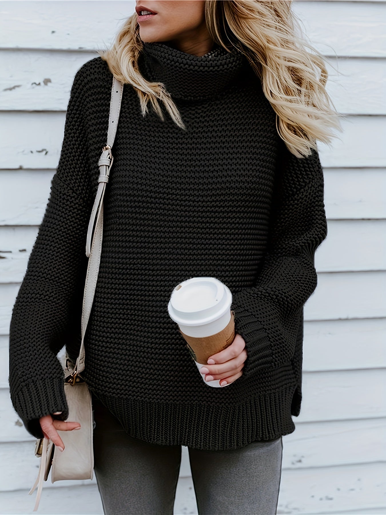Solid Turtleneck Sweater Long Sleeve Chunky Knit Jumper