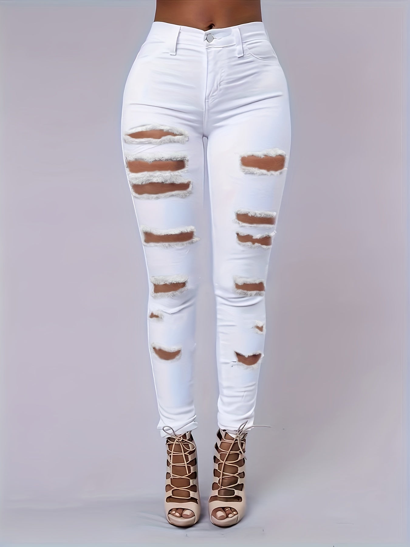 Ripped Holes Skinny Jeans Distressed High Stretch Denim Pants