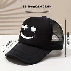 Smiling Face Print Trucker Hat Mesh Breathable Solid Casual Baseball Cap