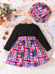 Girls' Geo Print Long Sleeve Dress for Party School