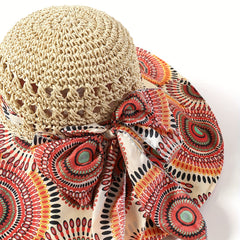 Hollow Crochet Boho Sun Hat Wide Brim Bowknot Beach Hat