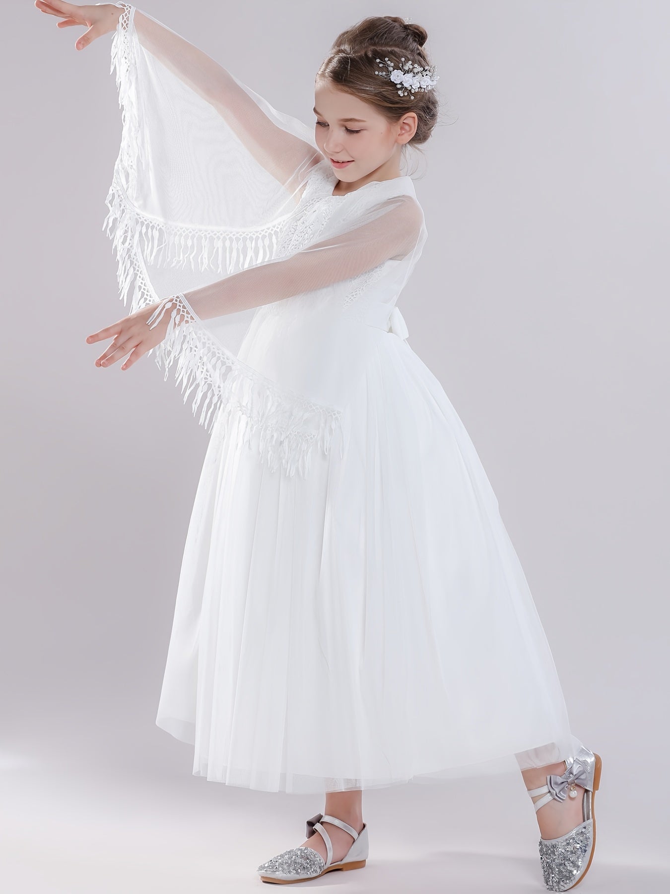Kids Evening Mesh Tutu Dress With Tassel Lace Fluffy Sleeve Long