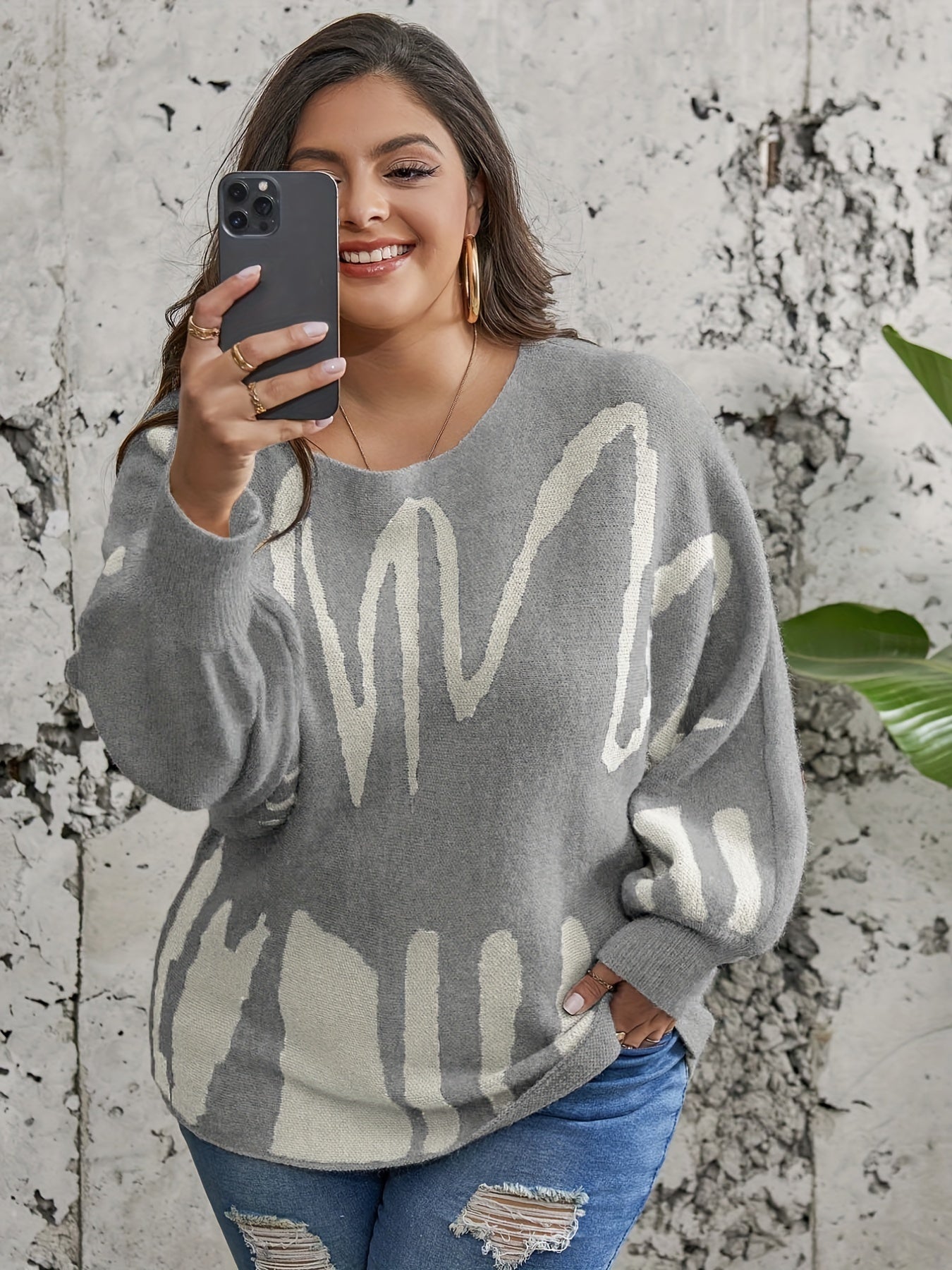 Graphic Print Off Shoulder Sweater Women's Plus Lantern Sleeve Knitwea