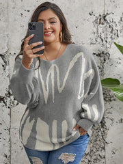 Graphic Print Off Shoulder Sweater Women's Plus Lantern Sleeve Knitwea