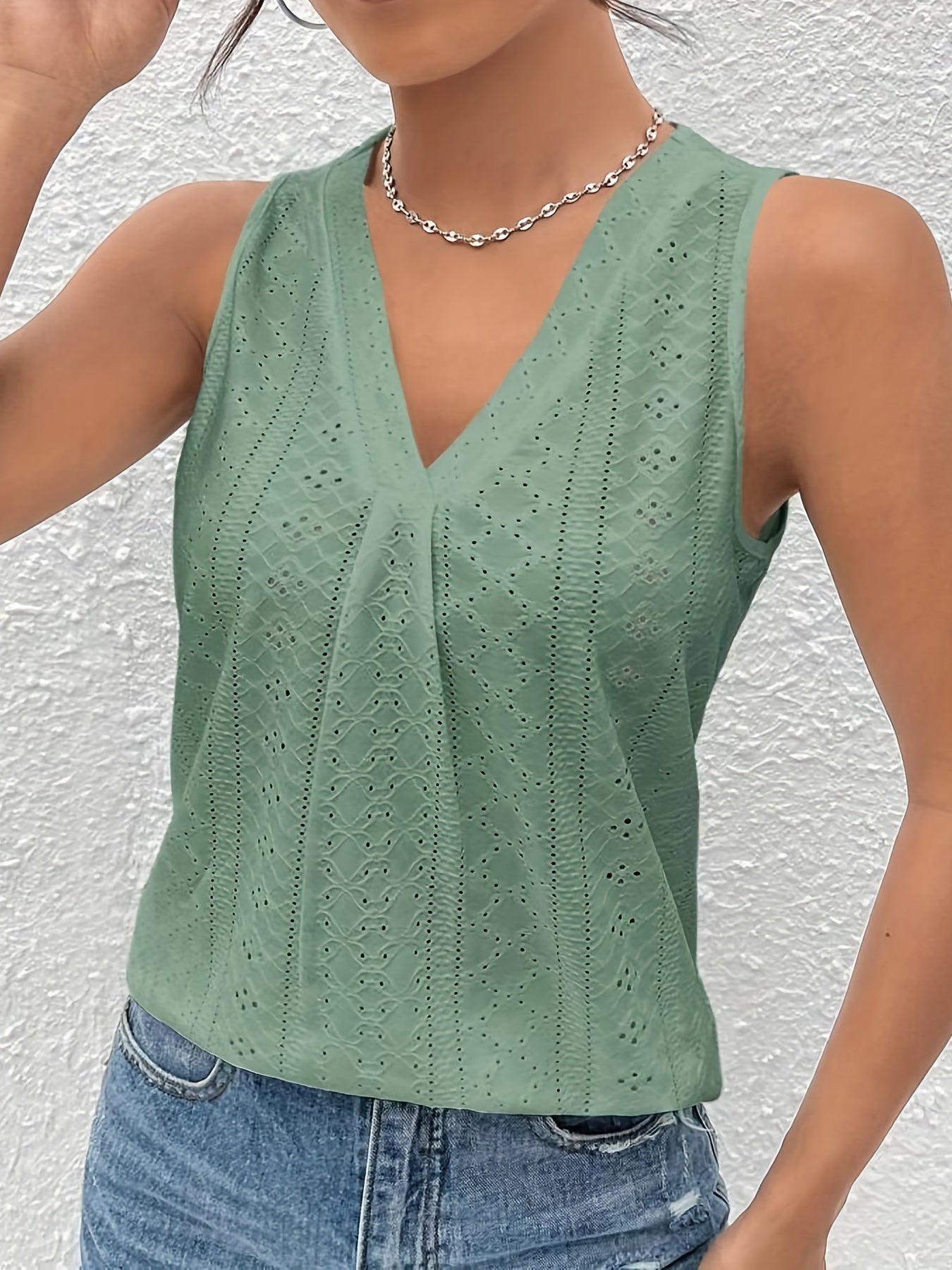Eyelet V Neck Tank Top Casual Sleeveless Tank Top