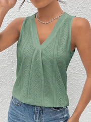 Eyelet V Neck Tank Top Casual Sleeveless Tank Top