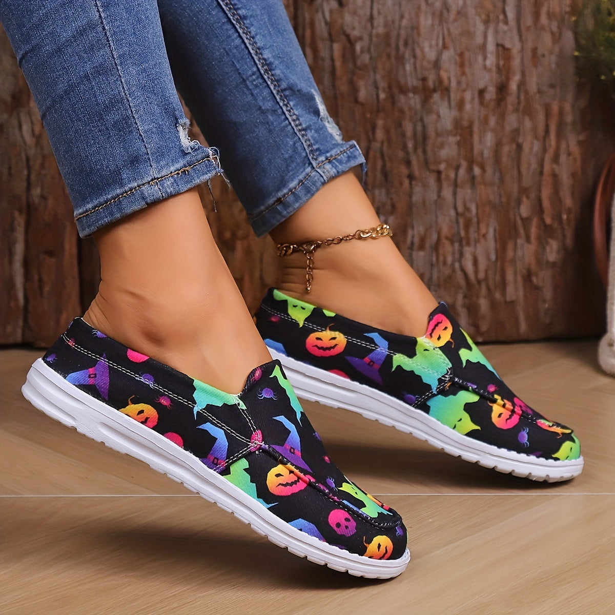 Colorful Pumpkin Ghost Lightweight Skate Shoes Slip On Canvas Sneakers