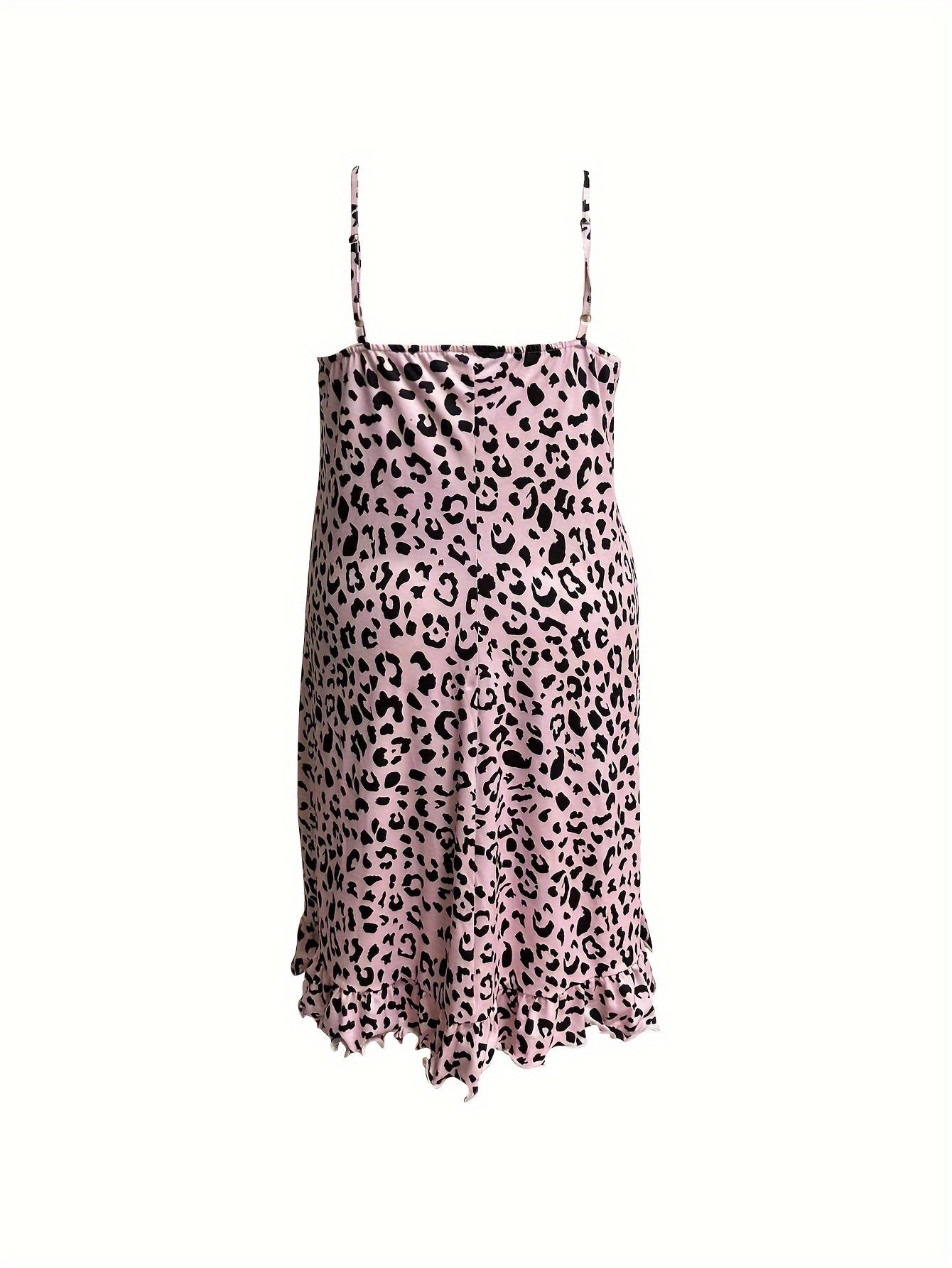 Sexy Nightdress Leopard Print Ruffle Trim Stretch Cami Sleep Dress