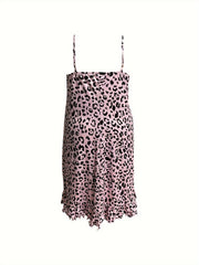 Sexy Nightdress Leopard Print Ruffle Trim Stretch Cami Sleep Dress