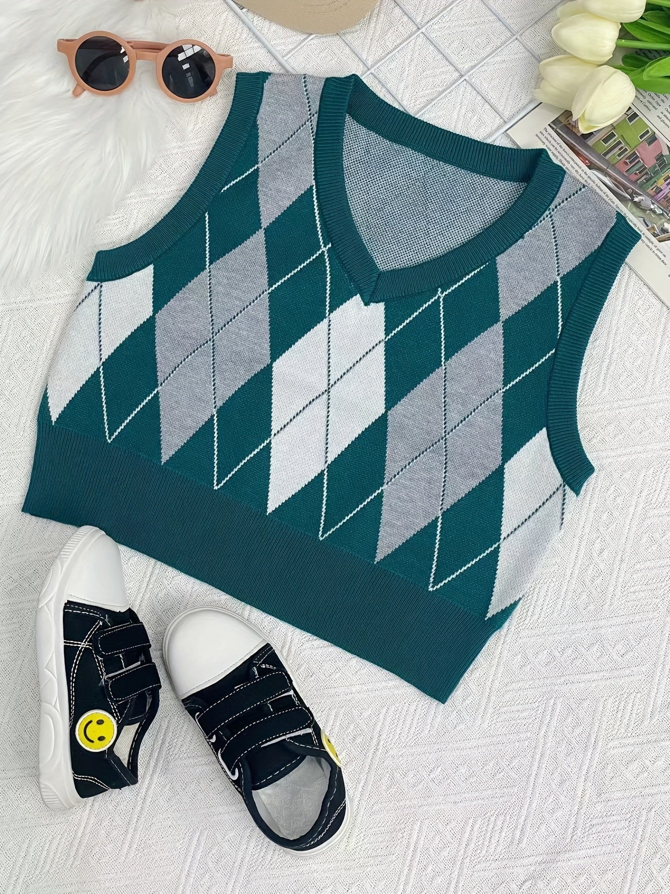 Boys Retro College Style V Neck Knitted Sleeveless Sweater Vest