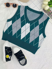 Boys Retro College Style V Neck Knitted Sleeveless Sweater Vest