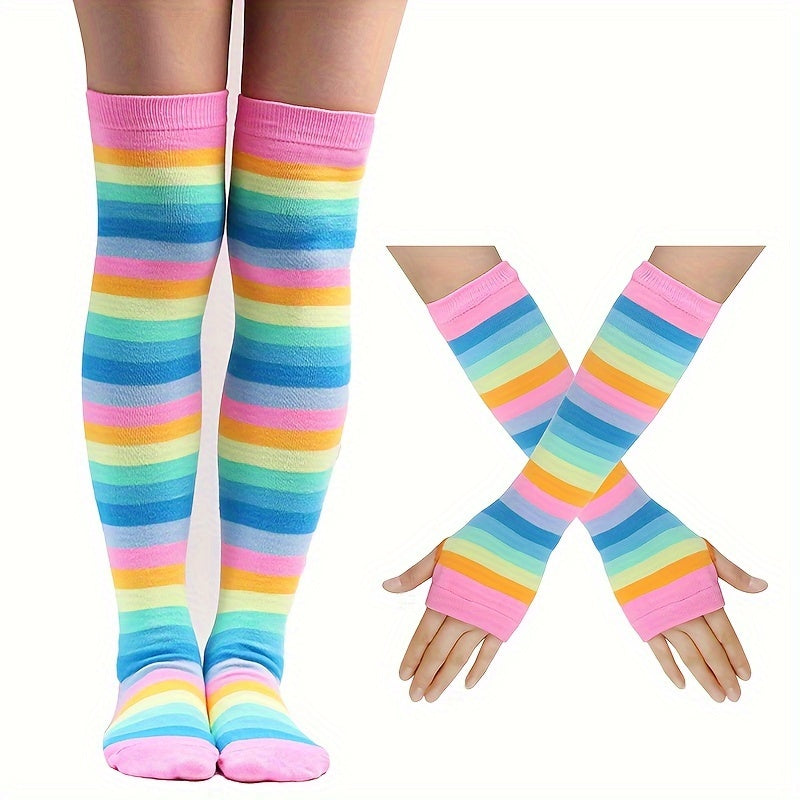 Striped Rainbow Knit Stockings & Gloves Set